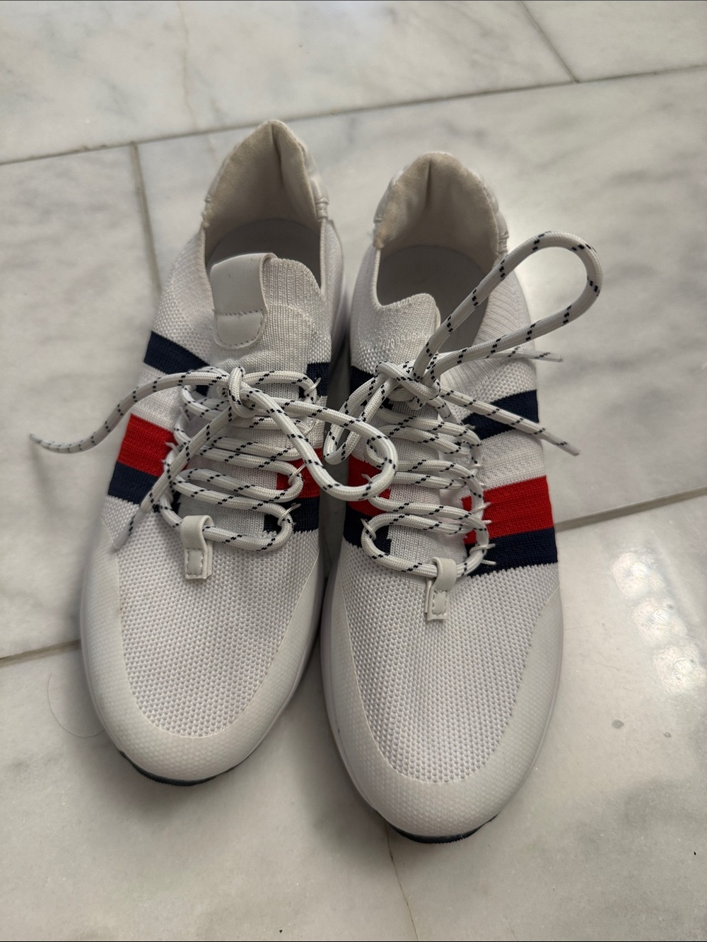 Tommy Hilfiger White Knit Sneakers with Red & Navy Stripes